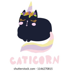 Cute sweet little Cat Unicorn vector art. Naive sketch childish nursery scandinavian hand drawn illustration. Graphic design tee print. Lettering phrase Caticorn.