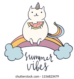 Cute sweet little Cat Unicorn on rainbow with watermelon slice vector art. Naive sketch childish nursery sticker hand drawn illustration. Graphic design tee print. Lettering phrase Summer Vibes.