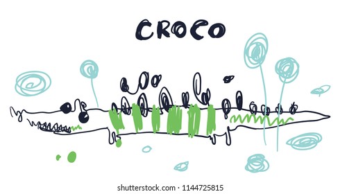 Cute sweet little crocodile vector art. Naive sketch childish nursery scandinavian hand drawn illustration. Simple children print. Graphic design for apparel. Lettering phrase Croco.