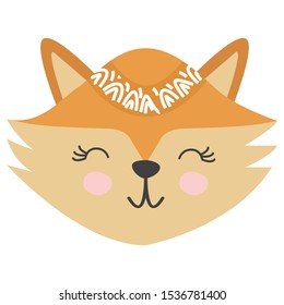 Cute sweet little fox smiling face with feathers. Inscription quote Be Free. Graphic design.