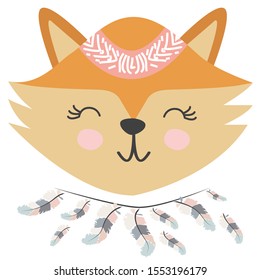 Cute sweet little fox smiling face with feathers. Inscription quote Be Free. Graphic design.