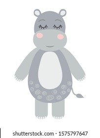 Cute sweet little hippo smiling face art. Kids nursery scandinavian hand drawn illustration. Simple children nursery print. Graphic design
