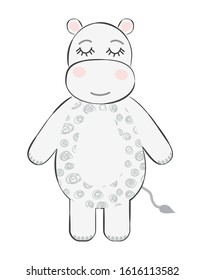 Cute sweet little hippo smiling face art. Kids nursery scandinavian hand drawn illustration. Simple children nursery print. Graphic design