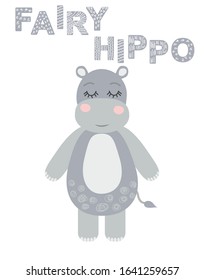 Cute sweet little hippo smiling face art. Kids nursery scandinavian hand drawn illustration. Simple children nursery print. Graphic design