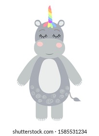 Cute sweet little hippo with a unicorn horn. Scandinavian style flat design. Concept for children print.