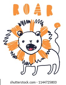 Cute sweet little lion vector art. Naive sketch childish nursery scandinavian hand drawn illustration. Simple children print. Graphic design for apparel. Lettering phrase Roar.