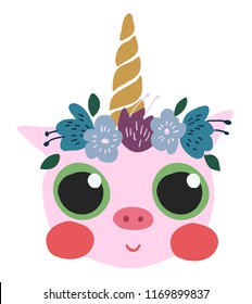 Cute sweet little piglet dressed as unicorn vector art. Naive sketch childish nursery scandinavian hand drawn illustration. Fun yearly zodiac symbol animal.