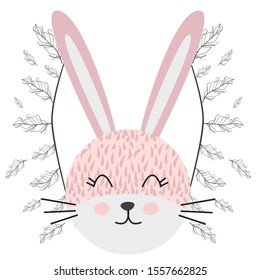 Cute sweet little rabbit smiling face with feathers. Inscription quote Be Free. Graphic design.