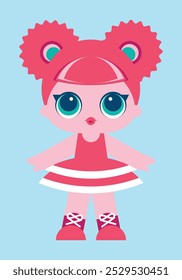 Cute sweet lol doll with big shiny eyes in pink dress and sneakers. Favorite girly toy. Icon, symbol, logo, sign, isolated object