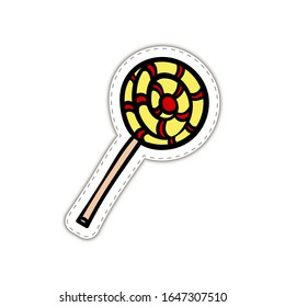 Cute sweet lollipop with a black outline on a white background. Vector lollipop striped yellow and red isolate. Close-up of candy for clip-art, stickers, pictures on a mug, t-shirt, postcard, etc.