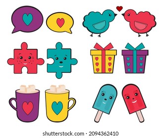 Colección de elementos de amor dulce. Diseño del día de San Valentín. Insignias para el parche de moda. Colección de símbolos de amor y elementos románticos. Etiquetas y emblemas de dibujos animados de moda. Para decorar las tarjetas de felicitación.