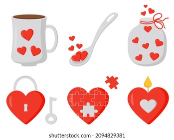 Cute sweet love elements collection. Valentine's day design. Set of love symbol and romantic elements: puzzle, candle, cup, spoon with hearts. Romantic concept. Vector illustration for poster, flyer.