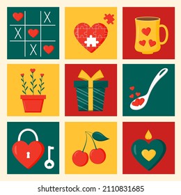Cute sweet love elements collection. Valentine's day design card. Romantic set with hearts, love attributes. For poster, flyer, greeting cards, prints. Cartoon style.