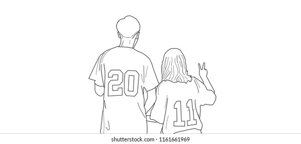 Cute, sweet, lovely couple wearing sports couple jersey.