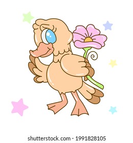 Cute sweet magic love princess duck with flower. Girly flat vector hand drawings. Fairy character, cute, animals, duck. cute and very beautiful.
