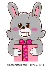 Cute sweet magic rabbit bunny with gift. Girly flat vector hand drawings. Fairy character, cute, animals, rabbit. cute and very beautiful.