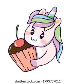Cute sweet magic unicorn with cake. Girly flat vector hand drawings. Fairy character, cute, animals, horse. Pony unicorn, cute and very beautiful.