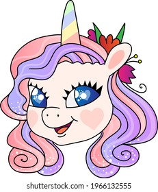 Cute sweet magic unicorn. Girly flat vector hand drawings. Fairy character, cute, animals, horse. Pony unicorn, cute and very beautiful.