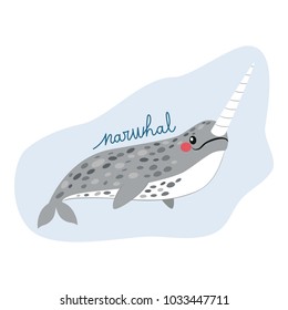 Cute sweet narwhal whale on water underwater with text