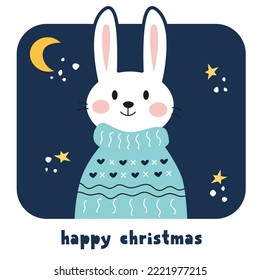 Cute sweet New Year 2023 bunny vector illustration on blue background. Kawaii comfortable Christmas rabbit in cute blue sweater. Stars, moon, snow. Merry Christmas card for print, background. 