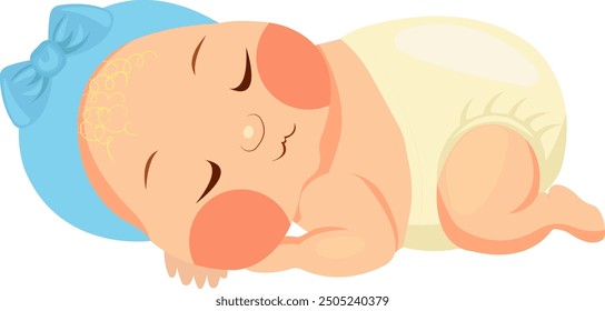 Cute sweet newborn baby sleeping in diapers and with a bow on his head. Illustration for postcards, gender paty, baby shower. Vector	