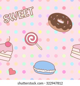 cute and sweet pastel bakery and confectionary cake, donut, candy and macaron seamless background