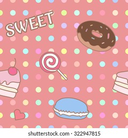 cute and sweet pastel bakery and confectionary cake, donut, candy and macaron seamless background