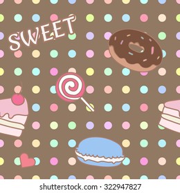 cute and sweet pastel bakery and confectionary cake, donut, candy and macaron seamless background