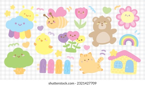 lindo dulce mano pastel dibujado kawaii sonrisa feliz cara cartografía elemento gráfico conjunto vector