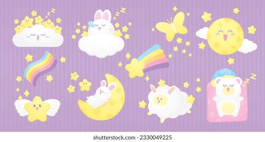 cute sweet pastel kawaii cartoon graphic vector set in night time theme