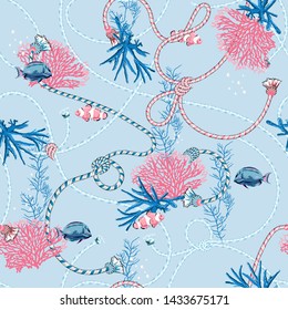 Cute sweet pastel Seamless pattern with  hand drawn corals Golden ,and treasure animal,fishes, ropes and pearls on  light blue background. Ornament with sea elements design for all prints