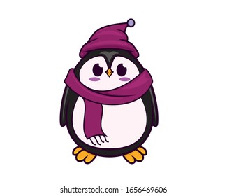 Cute and Sweet Penguin Wearing Warm Hat and Scarf with Cartoon Style