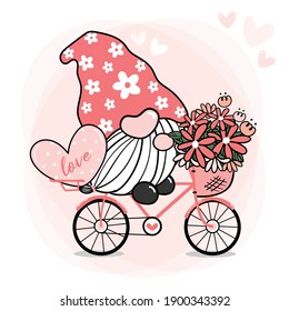 Cute Sweet Pink Gnome Valentine On Bike With Flower And Heart, Cartoon Doodle Vector, Gnome In Love On Bicycle