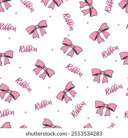 Cute Sweet Pink Ribbon Whimsical Romantic Pattern. Perfect for Valentine Day, wedding stationery, gift wrapping, and feminine fashion items.