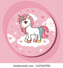 Cute Sweet Pony Unicorn For Birthday Kids. Girly Flat Vector Cartoon Hand Drawings. Fairy Character And Pony Is Cute And Very Beautiful.