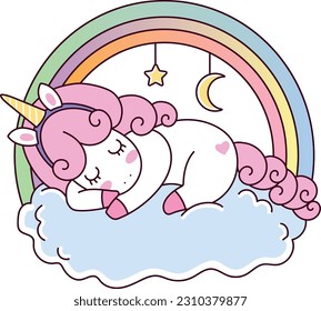 Cute sweet pony unicorn and rainbow. Girly flat vector cartoon hand drawings. Fairy character, cute, animals, horse. Pony sleep on cloud