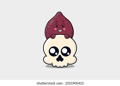 Cute Sweet potato cartoon character hiding in skull illustration in flat modern design