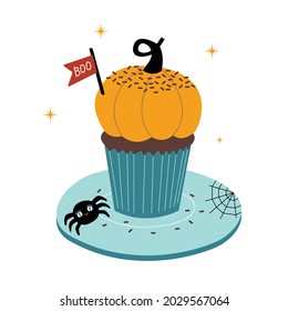 Cute sweet pumpkin cupcake for halloween with little spider web and boo sign. Vector illustration in flat style.