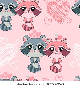 Cute sweet raccoon love seamless pattern. Suitable for textiles, packaging, wallpaper, etc. Objects isolated on background. Vector illustration.
