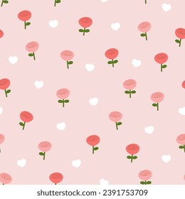 Cute sweet red rose and white hearts in pink background seamless pattern. Valentines' day, February 14 wallpaper. -Vector