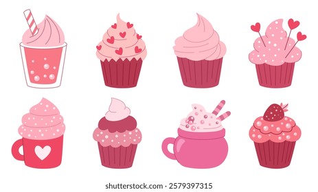 Cute sweet romantic desserts and drinks. Collection of sweets for Valentine s day. Isolated on white background.