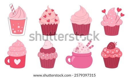 Cute sweet romantic desserts and drinks. Collection of sweets for Valentine s day. Isolated on white background.