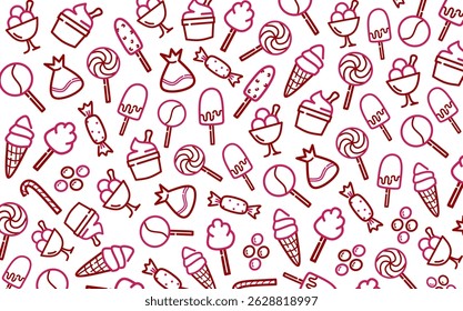 cute and sweet seamless dessert pattern of candy, chocolate, ice cream in pink and red colors with outline style