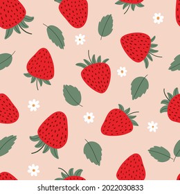 Cute, sweet seamless pattern with strawberries, leaves and flowers. Endless simple ornament. Cartoon flat vector illustration.