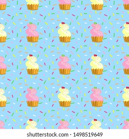 Cute sweet seamless vector pattern. Cakes on the blue background with crumbs.