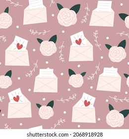 Cute sweet seamless vector pattern background illustration with romantic love letters, flowers and branches