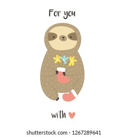 Cute sweet sloth with bunch of flowers in a boot. Design for print, greeting card, invitations