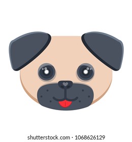 Cute, sweet, smile, happy character pug, dog with his tongue hanging out. Good muzzle, snout of puppy. Pet with shining eyes, ears. Modern flat style vector illustration icon. Isolated on white 