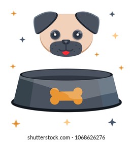 Cute, sweet, smile, happy character pug, dog with black bowl for food. Good muzzle, snout of puppy. Pet with shining eyes, ears. Modern flat style vector illustration icon. Isolated on white 