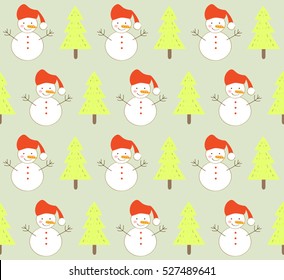 Cute sweet snowman with christmas trees design pattern seamless backdrop wallpaper. Vector image